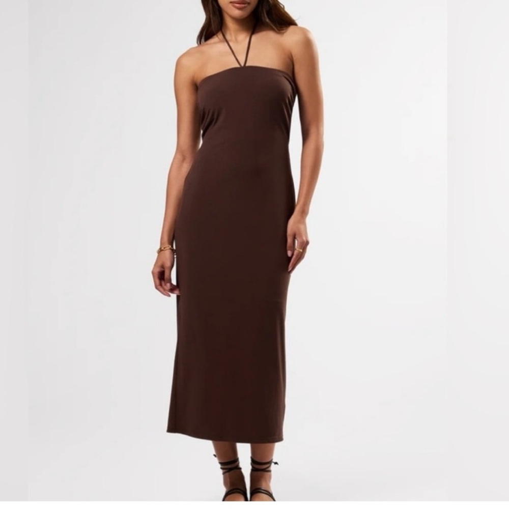 Amour Vert Stretch knit Gio Woven Halter/Strapless Bodycon Dress Espresso Large